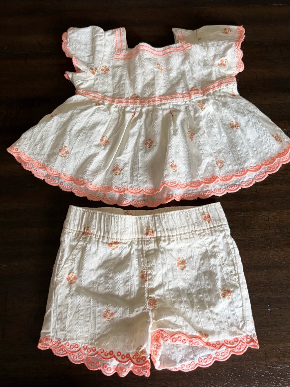Girls 3 Month White and Coral Embroidered Set